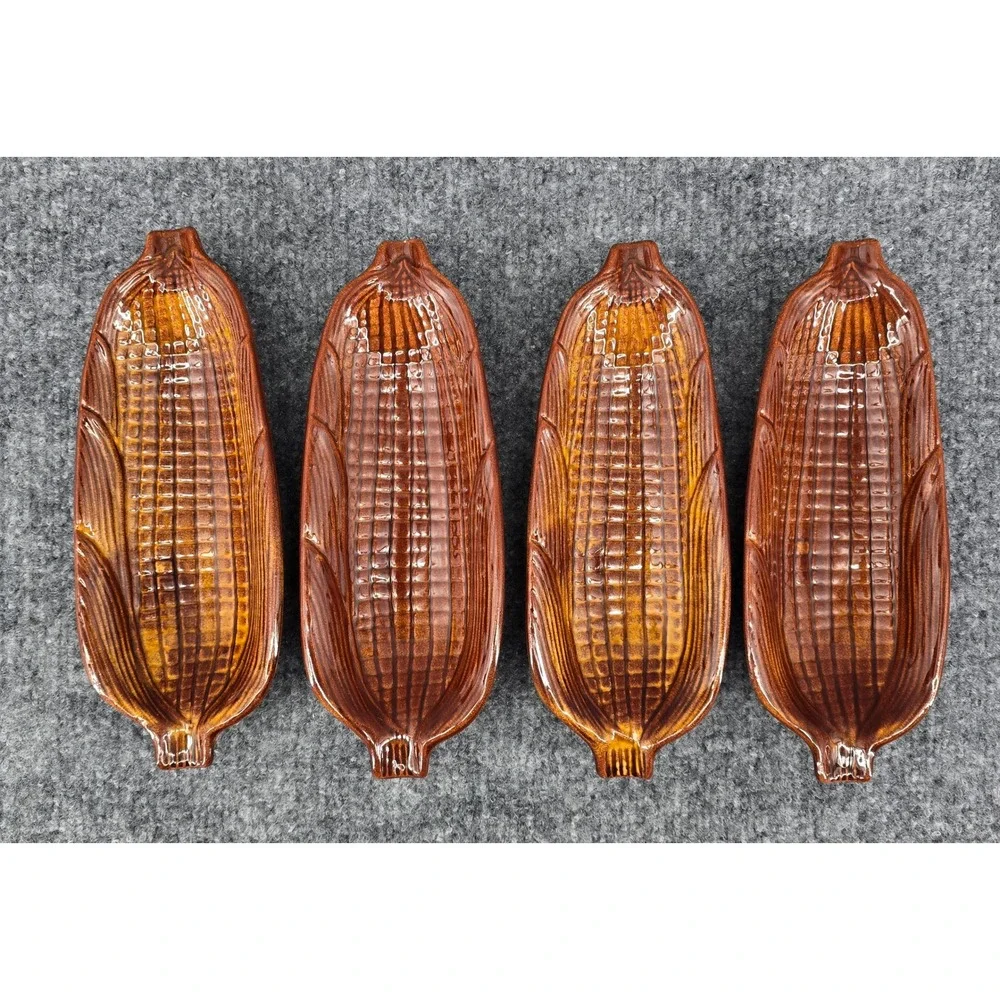 4 Vtg California Pottery USA Corn on the Cob Trays Brown Drip Glaze Ceramic 70s
